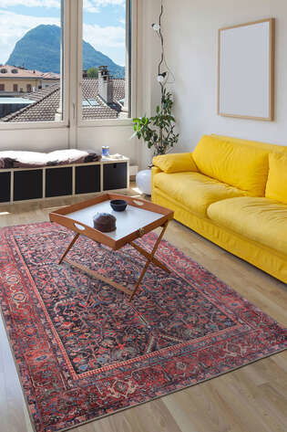 Eskitme Vintage Desenli Dokuma Taban Dekoratif Kırmızı Halı HS 354