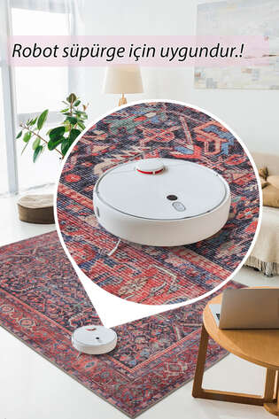 Eskitme Vintage Desenli Dokuma Taban Dekoratif Kırmızı Halı HS 354