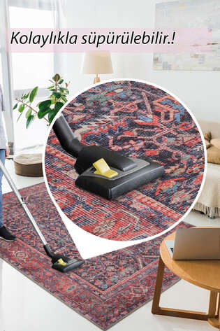 Eskitme Vintage Desenli Dokuma Taban Dekoratif Kırmızı Halı HS 354
