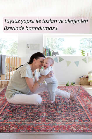 Eskitme Vintage Desenli Dokuma Taban Dekoratif Kırmızı Halı HS 354