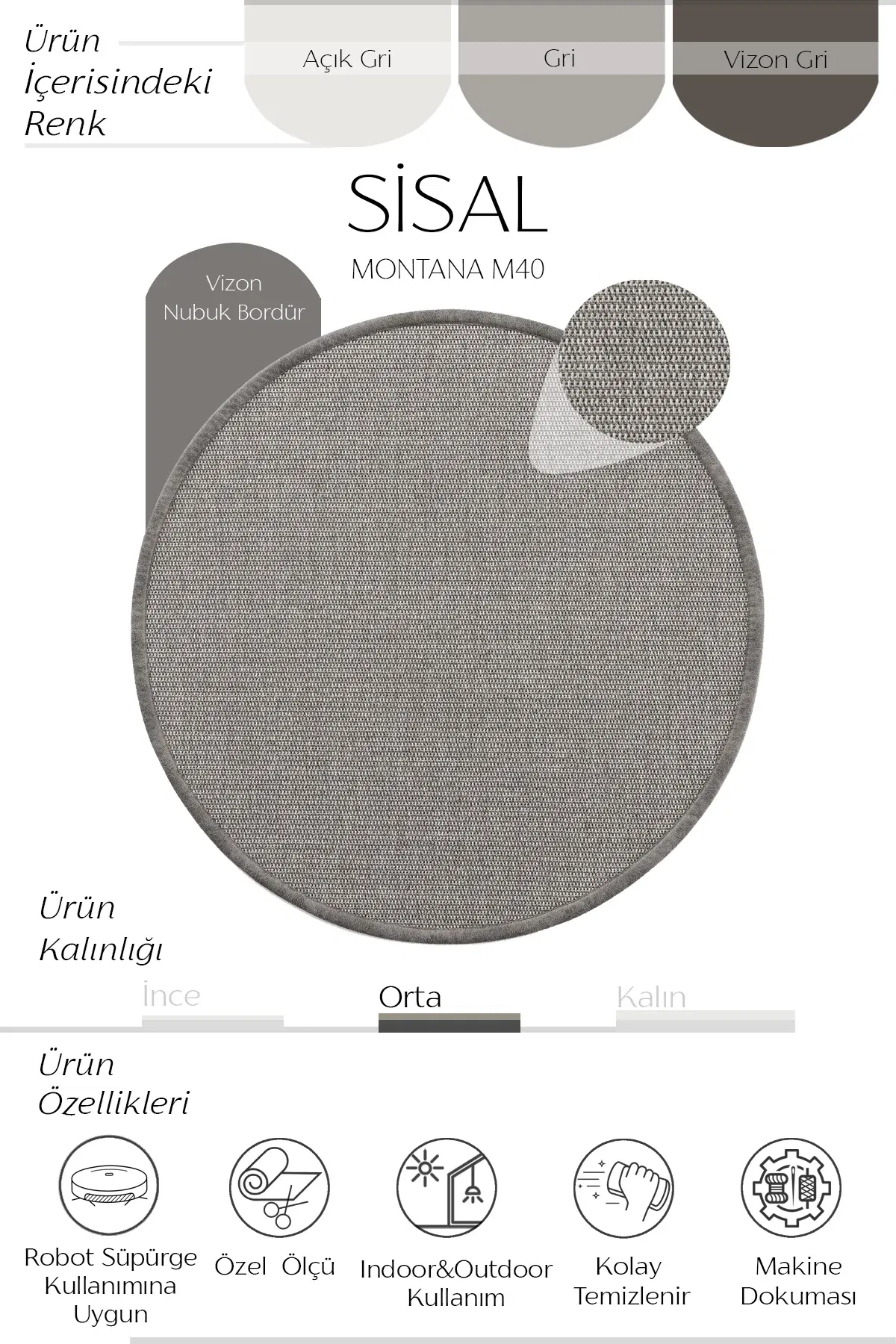 Bordürlü Sisal Yuvarlak Halı Modern Gri Renkli HS40