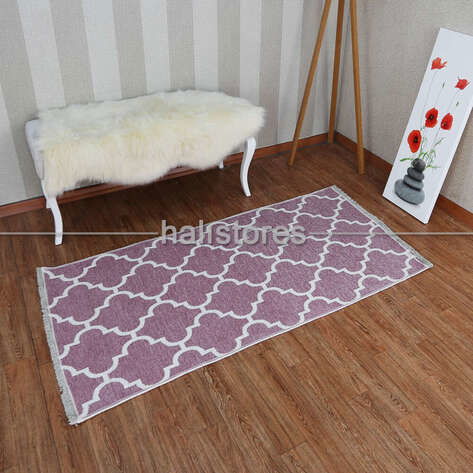 Çift Taraflı Baskılı Yıkanabilir İnce Yolluk Kilim 04 Krem-Pembe