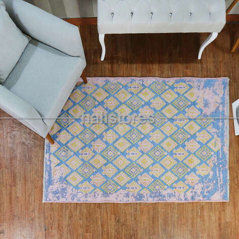Çift Taraflı Kullanılabilen Yıkanabilir Kilim Halı 6102 Pudra - Mavi
