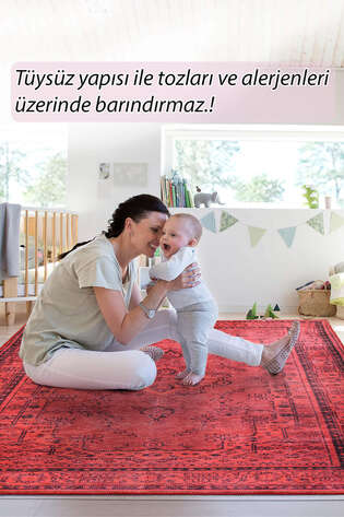 Vintage Eskitme Desenli Dokuma Taban Dekoratif Kırmızı Halı HS 29
