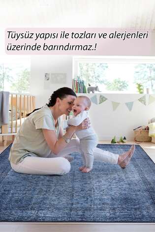 Vintage Eskitme Desenli Dokuma Taban Dekoratif Lacivert Halı HS 138