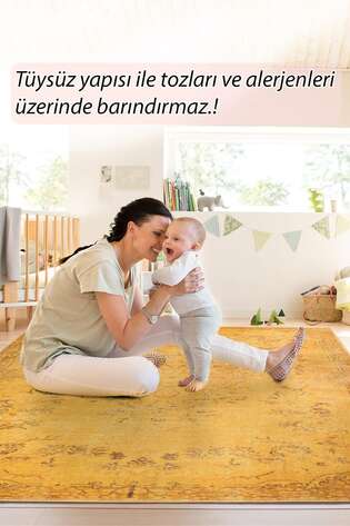 Vintage Eskitme Desenli Dokuma Taban Dekoratif Sarı Halı HS 27