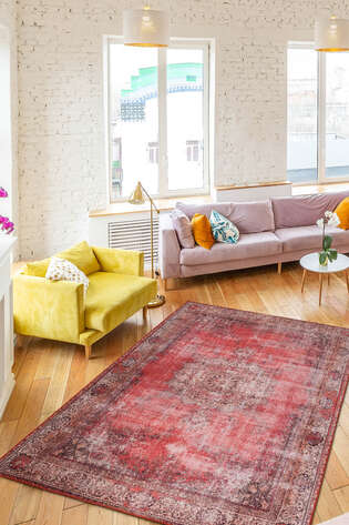 Eskitme Vintage Desenli Dokuma Taban Dekoratif Kırmızı Halı HS 119