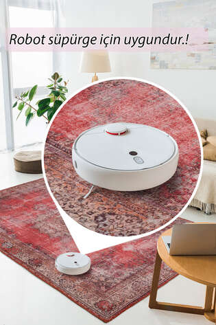 Eskitme Vintage Desenli Dokuma Taban Dekoratif Kırmızı Halı HS 119