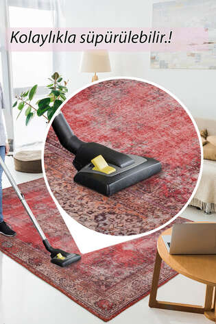 Eskitme Vintage Desenli Dokuma Taban Dekoratif Kırmızı Halı HS 119