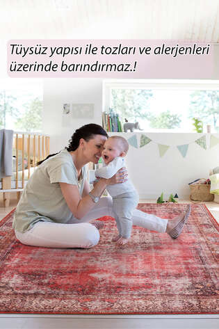 Eskitme Vintage Desenli Dokuma Taban Dekoratif Kırmızı Halı HS 119