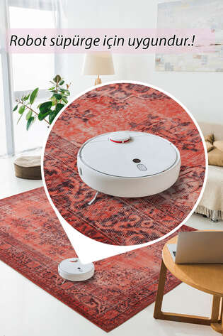 Eskitme Vintage Desenli Dokuma Taban Dekoratif Kırmızı Halı HS 131