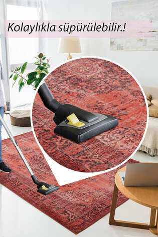 Eskitme Vintage Desenli Dokuma Taban Dekoratif Kırmızı Halı HS 131