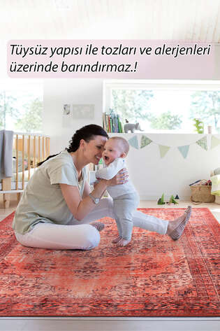 Eskitme Vintage Desenli Dokuma Taban Dekoratif Kırmızı Halı HS 131
