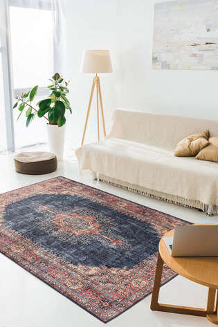 Eskitme Vintage Desenli Dokuma Taban Dekoratif Lacivert Halı HS 26