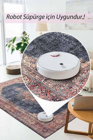 Eskitme Vintage Desenli Dokuma Taban Dekoratif Lacivert Halı HS 26