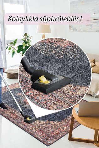 Eskitme Vintage Desenli Dokuma Taban Dekoratif Lacivert Halı HS 26