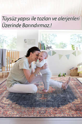 Eskitme Vintage Desenli Dokuma Taban Dekoratif Lacivert Halı HS 26
