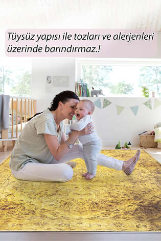 Eskitme Vintage Desenli Dokuma Taban Dekoratif Sarı Halı HS 24