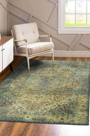 Eskitme Vintage Desenli Dokuma Taban Dekoratif Yeşil Halı HS 23