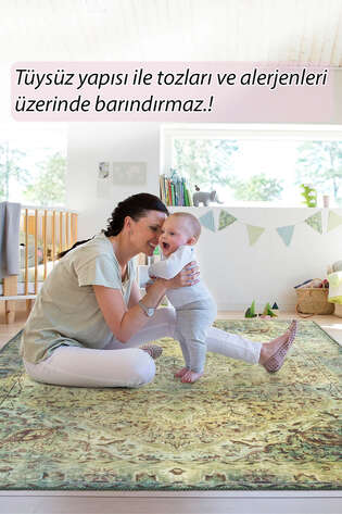 Eskitme Vintage Desenli Dokuma Taban Dekoratif Yeşil Halı HS 23
