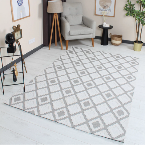 Grace 65022-260 Modern Kabartmalı Geometrik Desenli Dekoratif Antrasit Krem Özel Ölçü Makine Halısı