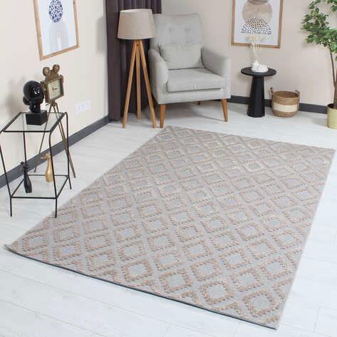 Grace 65022-261 Modern Kabartmalı Geometrik Desenli Dekoratif Gri Bej Makine Halısı