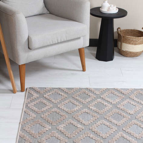 Grace 65022-261 Modern Kabartmalı Geometrik Desenli Dekoratif Gri Bej Makine Halısı
