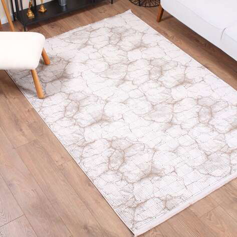 Halıstores Stone Modern Desenli Dekoratif Krem - Kahve Saçaklı Salon Halısı ST7