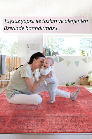 Patchwork Desenli Dokuma Taban Dekoratif Kırmızı Halı HS 164