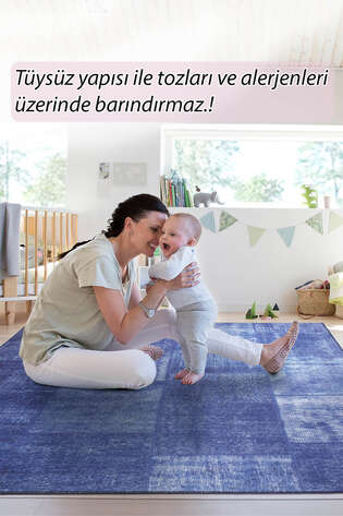 Patchwork Desenli Dokuma Taban Dekoratif Lacivert Halı HS 63