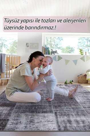 Patchwork Desenli Dokuma Taban Dekoratif Siyah Halı HS 81