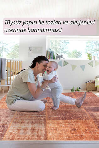 Patchwork Desenli Dokuma Taban Dekoratif Turuncu Halı HS 62