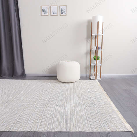 Makinede Yıkanabilir Şönil Dokuma Kilim Krem 8701