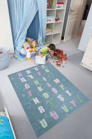 Eğitici Harfler Alfabe Dokuma Taban Dekoratif Yeşil Çocuk Odası Halısı ve Oyun Halısı (1)