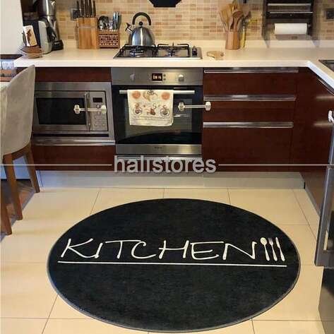 Modern Baskılı Dekoratif Yuvarlak Halı Kitchen Siyah