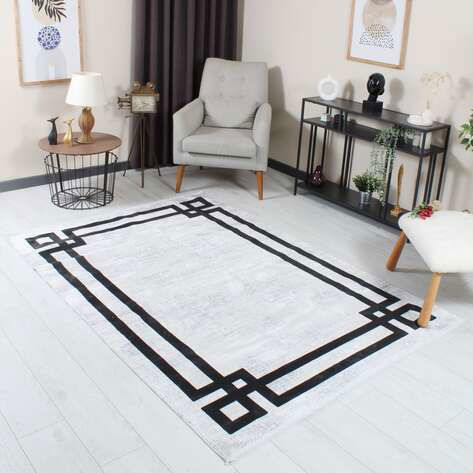 Modern Çerçeveli Gri-Siyah Yumuşak Dokulu Yıkanabilir Salon Halısı