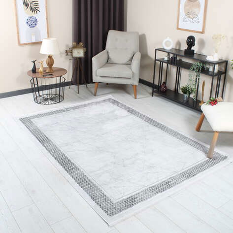 Modern Çerçeveli Mermer Desenli Yumuşak Dokulu Yıkanabilir Halı