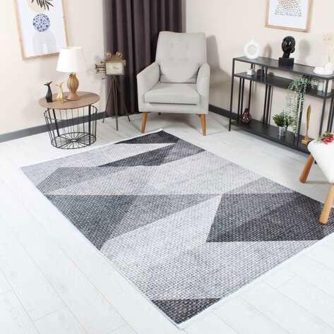 Modern Geometrik Desenli Gri Yumuşak Dokulu Yıkanabilir Halı