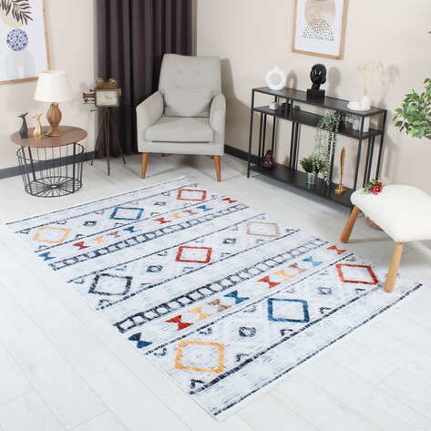Liviadora - Geometrik İskandinav Desenli Yumuşak Dokulu Yıkanabilir Halı Çok Renkli
