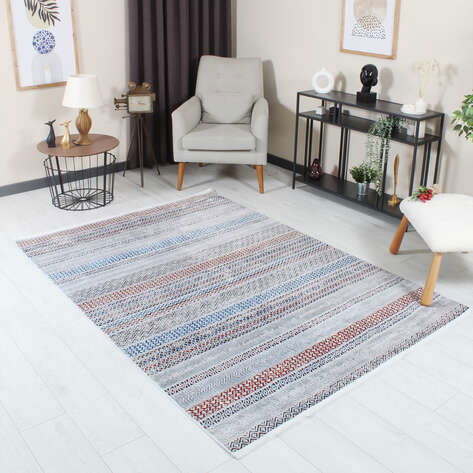 Modern Kilim Desenli Yumuşak Dokulu Yıkanabilir Halı Çok Renkli