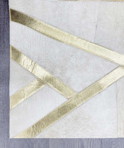 Özel Tasarım Varaklı Krem Gold Deri Patchwork Halı 200x200