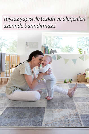 Patchwork Desenli Dokuma Taban Dekoratif Gri Halı HS 83