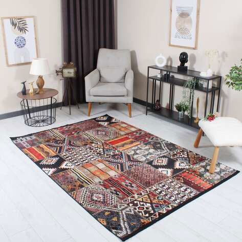 Patchwork Desenli Etnik Yumuşak Dokulu Yıkanabilir Halı Çok Renkli