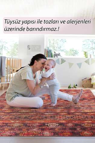 Etnik Desenli Dokuma Taban Dekoratif Kırmızı Halı HS 215