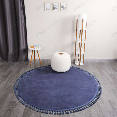 Yuvarlak İndigo Peluş Yıkanabilir Halı